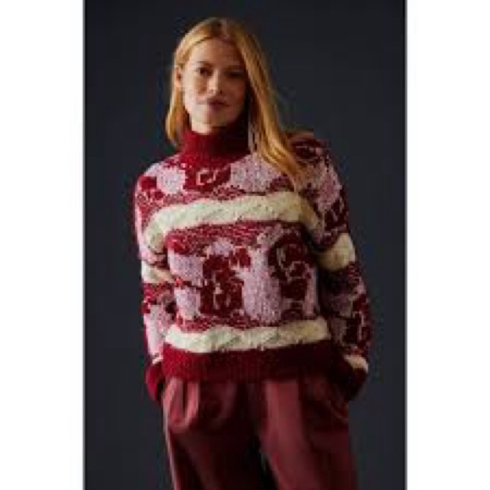 Anthropologie Red and Cream Turtleneck Sweater